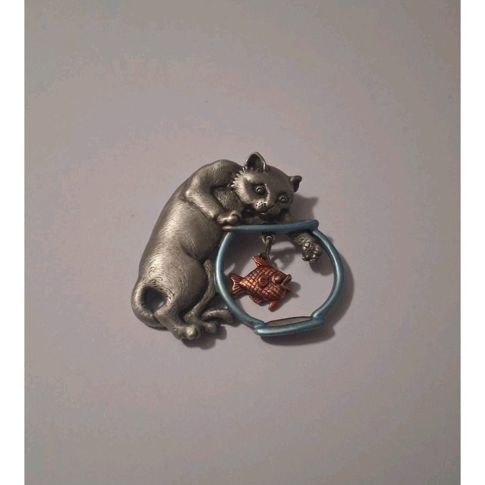 Cat Pin JJ Jonette Vintage Reaching in Fish Bowl Red Fish Signed Silver Broach